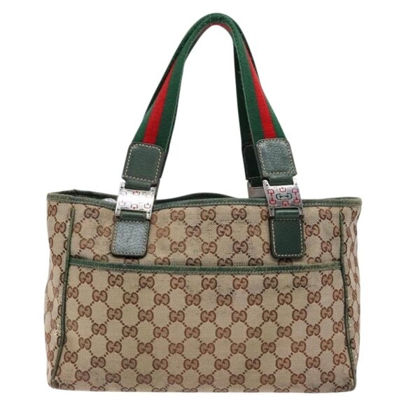 GUCCI GG Canvas Web Sherry Line Tote Bag Beige Green Red Auth - Picture 3 of 16